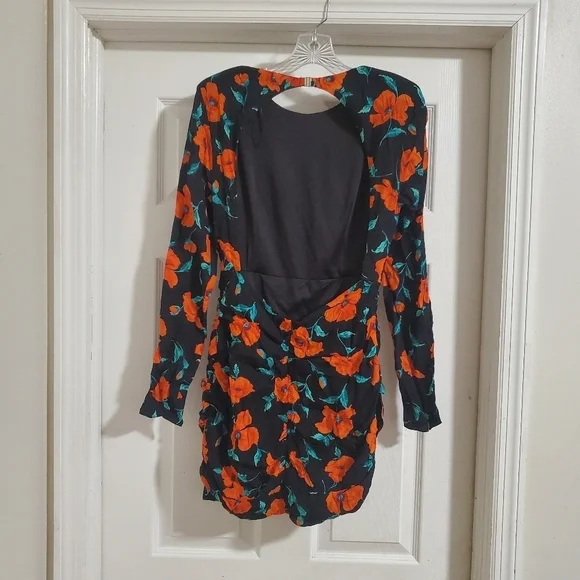 Zara Open Back Long Sleeve Ruched Mini Dress Black Orange Floral Print Size Med - Picture 6 of 15
